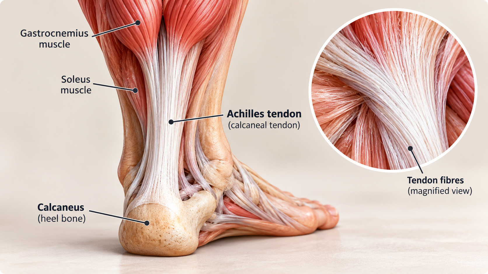 Anatomical illustration of the human heel and Achilles tendon, with visible tendon fibres